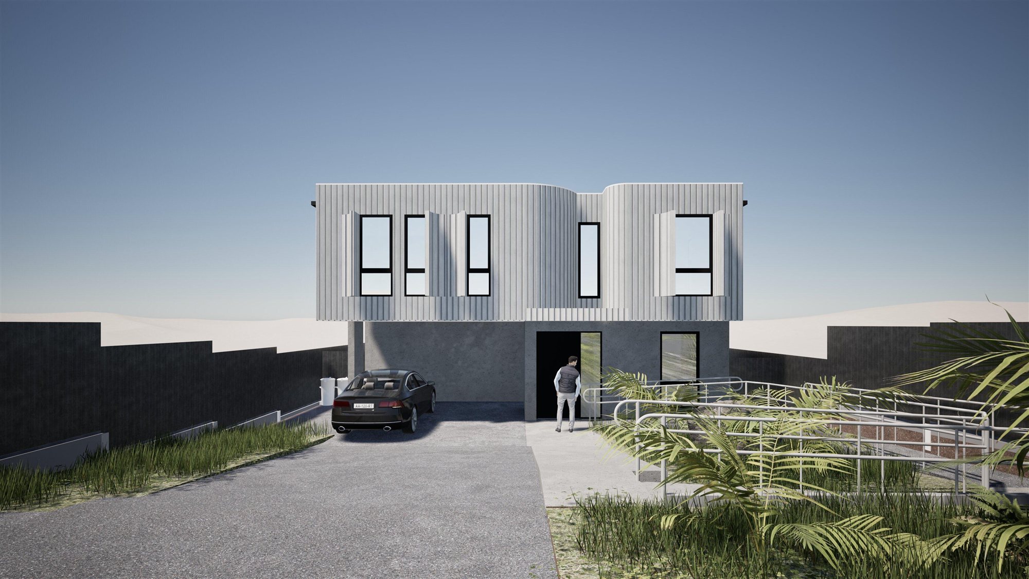 Design render of an Auzzy Projects co-living home in Western Sydney showing the accessible entry ramp and front door